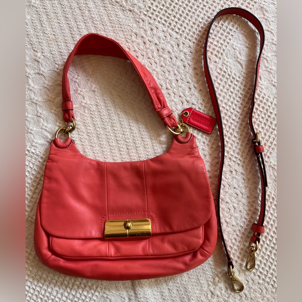 Coach Kristin leather handbag, extra shoulder strap, leather hangtag, coral EUC - Picture 2 of 15